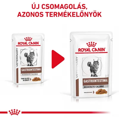 Új csomagolás, azonos termékelőnyök. Royal Canin Gastrointestinal Moderate Calorie macskaeledel tasak, kétféle csomagolás egymás mellett.