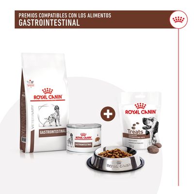 Royal Canin Gastrointestinal: saco de pienso, lata y bolsa de premios Treats compatibles con alimentos gastrointestinales. Texto visible: Premios compatibles con los alimentos gastrointestinal.