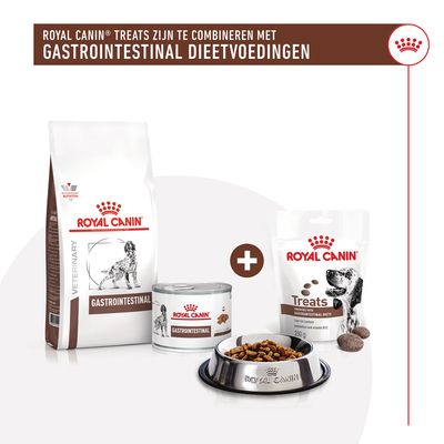 Royal Canin Gastrointestinal droogvoer, natvoer en Treats voor honden. Tekst: Royal Canin Treats zijn te combineren met Gastrointestinal dieetvoedingen.