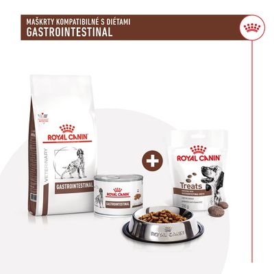 Royal Canin Gastrointestinal: balenie suchého krmiva, konzerva, maškrty Treats 200 g a miska s granulami. Text: Maškrty kompatibilné s diétami Gastrointestinal.