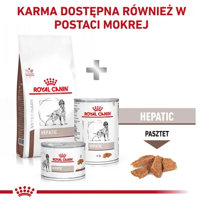 Karma Royal Canin Hepatic dostępna jako sucha i mokra, widoczne opakowanie suchej karmy oraz puszki z pasztetem. Napis: KARMA DOSTĘPNA RÓWNIEŻ W POSTACI MOKREJ.