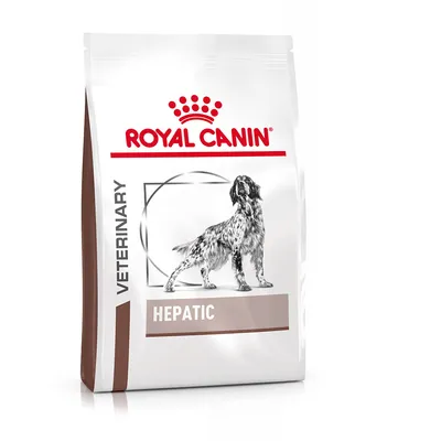 Royal Canin Veterinary Hepatic hundfoder, vit förpackning med bild på hund och texten 'HEPATIC' samt 'VETERINARY' synlig på sidan.