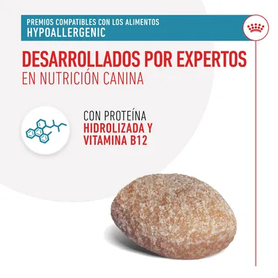 Premios compatibles con alimentos hypoallergenic. Desarrollados por expertos en nutrición canina. Con proteína hidrolizada y vitamina B12. Imagen de un premio para perro.