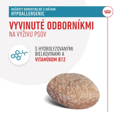 Maškrty kompatibilné s diétami HYPOALLERGENIC. Vyvinuté odborníkmi na výživu psov. S hydrolyzovanými bielkovinami a vitamínom B12. Zobrazená jedna maškrta.