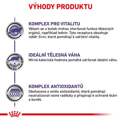 Výhody produktu: Komplex pro vitalitu, ideální tělesná váha, komplex antioxidantů. Text v češtine popisuje prínosy pre vitalitu, hmotnosť a ochranu buniek.