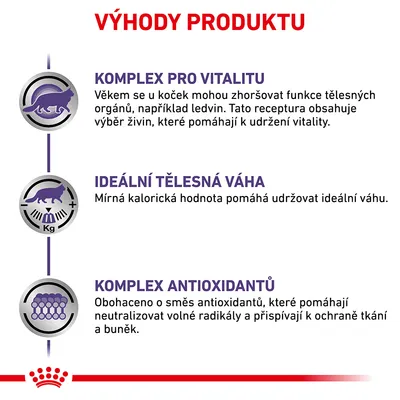 Výhody produktu: Komplex pro vitalitu, ideální tělesná váha, komplex antioxidantů. Text v češtine popisuje prínosy pre vitalitu, hmotnosť a ochranu buniek.