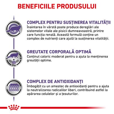 Beneficiile produsului: complex pentru susținerea vitalității, greutate corporală optimă, complex de antioxidanți. Text explicativ pentru fiecare beneficiu este inclus în imagine.