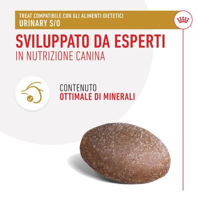 Trattino compatibile con alimenti dietetici Urinary S/O, sviluppato da esperti in nutrizione canina, contenuto ottimale di minerali. Crocchetta marrone visibile.