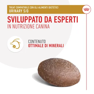 Trattino compatibile con alimenti dietetici Urinary S/O, sviluppato da esperti in nutrizione canina, contenuto ottimale di minerali. Crocchetta marrone visibile.
