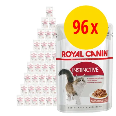 Royal Canin Instinctive -kissan märkäruoka, 96 annospussia. Pakkauksessa kuva kissasta ja ruoka-annoksesta. Suuri keltainen ympyrä, jossa teksti '96x'.