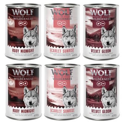 Wolf of Wilderness Adult - mit frischem rotem Fleisch 6 x 400 g Mix (3 Sorten)