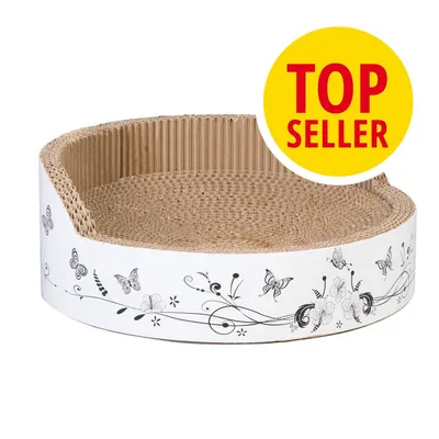 Corbeille ronde en carton ondulé avec motifs papillons et fleurs noirs sur fond blanc. Badge jaune avec texte rouge : TOP SELLER.