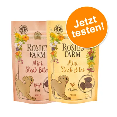 Rosie's Farm Mini Steak Bites, Sorten Beef und Chicken, Adult, 70g, grain free recipe. Orange Kreis mit Text: Jetzt testen!