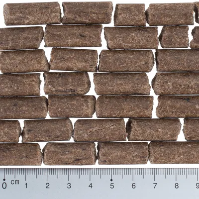 Close-up de pedaços de snacks castanhos e retangulares com uma escala em centímetros para determinar o tamanho. Close-up de pedaços de snacks castanhos e retangulares com uma escala em centímetros para determinar o tamanho.