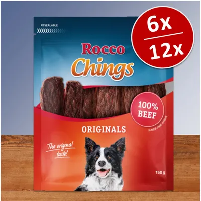 Rocco Chings Originals, 100% Beef, 150 g. Verpackung mit Hundebild und Hinweis auf 6x/12x Packungen.