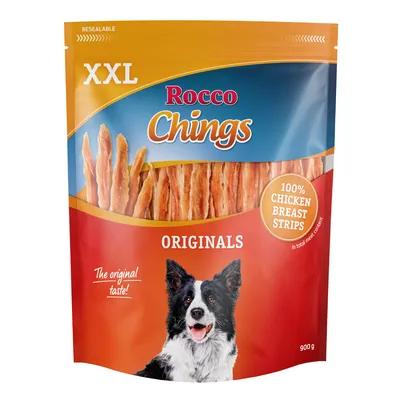 Rocco Chings Originals XXL, 100% Chicken Breast Strips, 900g. Verpackung mit Hundebild und resealable Hinweis.