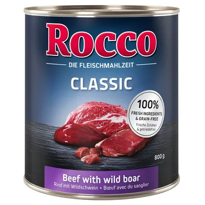 Rocco Classic Beef with wild boar, 100% fresh ingredients & grain-free, puszka 800 g. Tekst w języku angielskim, niemieckim i francuskim widoczny na etykiecie.