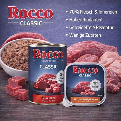 Rocco Classic Nassfutter, Sorten: Rind mit Geflügelherzen, grünen Pansen, Wild, Lachs, Huhn und reines Rind. 100% frische Zutaten, getreidefreie Rezeptur, 800g Dosen.