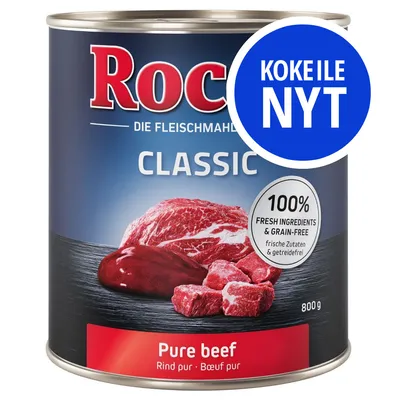 Rocco Classic Pure beef 800 g, etiketeissä tekstit: 100% fresh ingredients & grain-free, kokeile nyt. Kuvassa naudanlihaa, tuotteen paino näkyvissä.