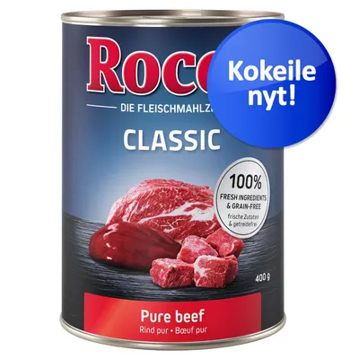 Rocco Classic Pure beef 400 g, 100 % fresh ingredients & grain-free, kokeile nyt! Tekstit englanniksi ja saksaksi etiketissä. Rocco Classic Pure beef 400 g, 100 % fresh ingredients & grain-free, kokeile nyt! Tekstit englanniksi ja saksaksi etiketissä.