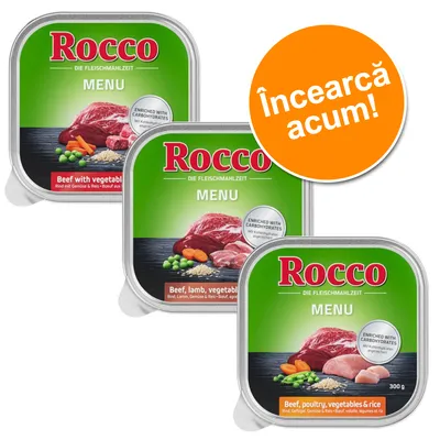 Trei caserole Rocco Menu, variante: Beef with vegetables, Beef, lamb, vegetables & rice, Beef, poultry, vegetables & rice, 300 g. Bulină portocalie cu text: Încearcă acum!