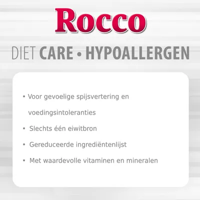 Rocco DIET CARE HYPOALLERGEN. Voor gevoelige spijsvertering en voedingsintoleranties, slechts één eiwitbron, gereduceerde ingrediëntenlijst, met waardevolle vitaminen en mineralen.
