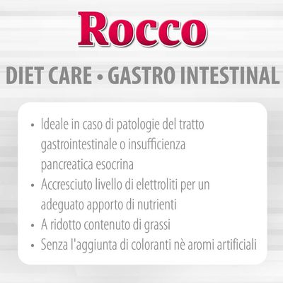 Rocco Diet Care Gastro Intestinal: ideale per patologie gastrointestinali o insufficienza pancreatica, elettroliti aumentati, pochi grassi, senza coloranti né aromi artificiali.