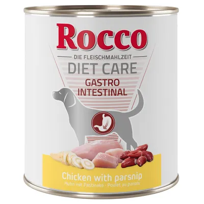 Boîte Rocco Diet Care Gastro Intestinal, illustration de chien, morceaux de poulet, panais et haricots rouges, texte visible : Chicken with parsnip, Poulet au panais.