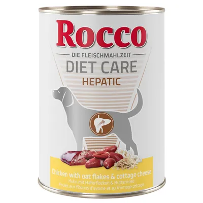 Rocco Diet Care Hepatic konzerv, csirke zabpehellyel és túróval. Felirat: Chicken with oat flakes & cottage cheese. Kutya sziluett máj szimbólummal a dobozon.