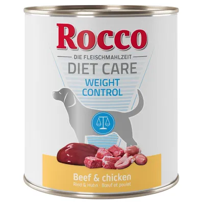 Κονσέρβα Rocco Diet Care Weight Control με Beef & chicken. Εμφανίζονται κομμάτια βοδινού και κοτόπουλου, σκίτσο σκύλου και ζυγαριά. Ορατά αγγλικά και γερμανικά κείμενα.