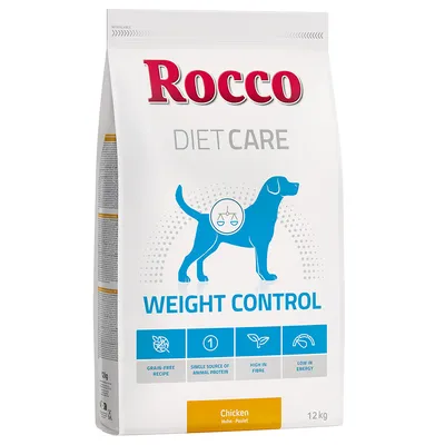 Sac de croquettes Rocco Diet Care Weight Control, poulet, 12 kg. Mentions visibles : grain-free recipe, single source of animal protein, high in fibre, low in energy.