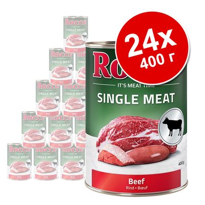 Набор из 24 консервов Rocco Single Meat Beef по 400 г. На упаковке изображено мясо, надписи: SINGLE MEAT, Beef, 24x 400 г.