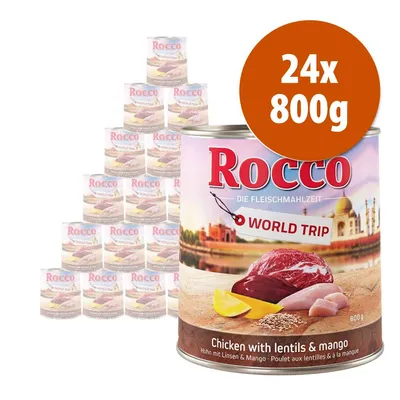 24 lattine da 800 g di Rocco World Trip, Chicken with lentils & mango. Immagine della confezione con carne, pollo, lenticchie e mango visibili sull'etichetta.