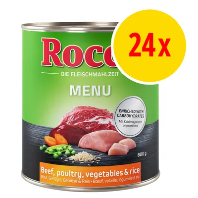 Rocco Menu 800 g, naudanliha, siipikarja, vihannekset ja riisi. Pakkausmerkintä: Enriched with carbohydrates. 24x monipakkaus.