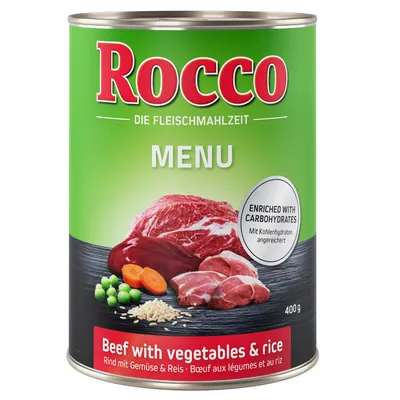 Rocco Menu beef with vegetables and rice, enriched with carbohydrates, 400g tin. Image shows beef, peas, carrots, and rice as key ingredients.