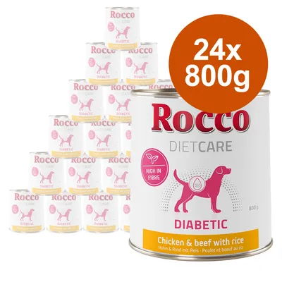 Rocco Diet Care Diabetic, bogat în fibre, pui și vită cu orez, pachet cu 24 conserve a câte 800g.