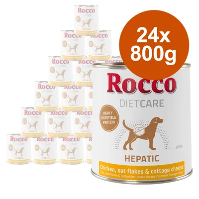 Rocco Diet Care Hepatic, 24x800g konzerv. Csirke, zabpehely és túró. Magas emészthetőségű fehérje.