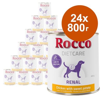 Rocco Diet Care Renal, 24 консерви по 800 г. Low in protein. Chicken with sweet potato. Изображение на куче и надпис RENAL върху опаковката.