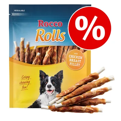 Rocco Rolls -koiranherkkupussi, teksti: with chicken breast fillet, Crispy chewing fun!, suuri punainen prosenttimerkki tarjouksen merkkinä