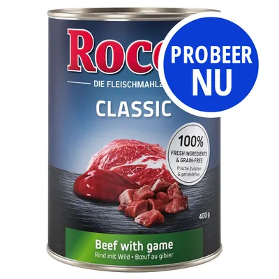 Rocco Classic Beef with game, 400g. Tekst: 100% fresh ingredients & grain-free. Probeer nu. Rind mit Wild, Boeuf au gibier. Blik met afbeelding van rauw vlees.