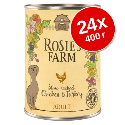 Rosie's Farm консервированный корм для взрослых собак с курицей и индейкой, без зерна. Упаковка: 24×400 г. Видна надпись Adult.