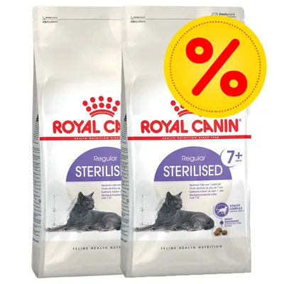 Royal Canin Regular Sterilised 7+ kissanruoka, kaksi pakkausta, näkyvissä tarjousmerkki prosenttimerkillä