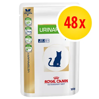 Royal Canin Veterinary Diet Urinary, 100g Beutel, S/O Index, 48 Stück, grüne und blaue Icons mit Produktmerkmalen sichtbar