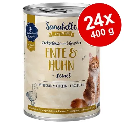 Sanabelle Ente & Huhn + Leinöl våtfoder för katt, 24x400 g. Text på tyska och engelska: with duck & chicken, linseed oil, complete feed for adult cats. Bild av katt och anka. Sanabelle Ente & Huhn + Leinöl våtfoder för katt, 24x400 g. Text på tyska och engelska: with duck & chicken, linseed oil, complete feed for adult cats. Bild av katt och anka.