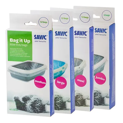 Пакеты для лотка SAVIC Bag it Up: medium, large, maxi, jumbo. На упаковках указано 12 или 6 пакетов. Видны размеры 42×32 см и изображения кошачьего лотка с пакетом.