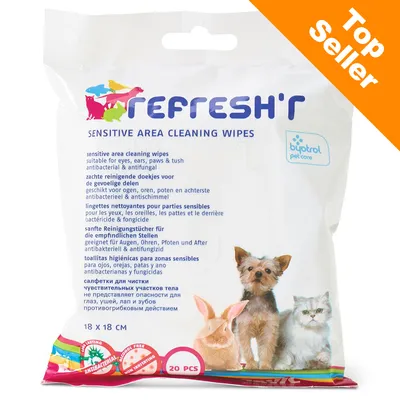 REFRESH'R Sensitive Area Cleaning Wipes, 20 st, antibakteriell och svampdödande. För ögon, öron, tassar och bakdel. Bild på hund, katt och kanin. Top Seller-märke i hörnet.