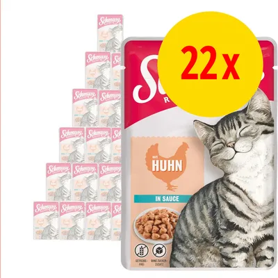 Schmusy mit Huhn in Sauce, 22 x portionsposer med billede af kat og kylling, tekst: getreidefrei, ohne zuckerzusatz