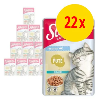 Schmusy Ragout für Kitten med kalkun i sauce, 22 poser vist. Stor gul cirkel med rød tekst '22x'. Billede af kat og foderstykker på emballagen. Teksten 'mit Pute' synlig.