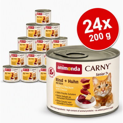 animonda Carny Senior 7+ Naudanliha + Kana juustolla, 24 x 200 g, 100 % tuoreita ainesosia, korkea eläinproteiinipitoisuus, ilman lisättyä viljaa ja sokeria