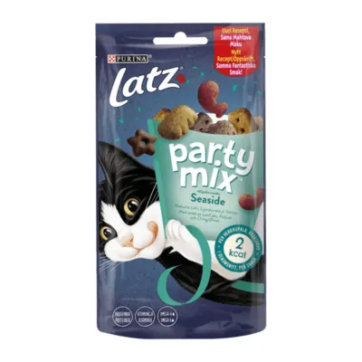 Purina Latz Party Mix Seaside kattgodis, synlig text: 2 kcal per bit, Omega 6, med lax, torsk och räka. Nytt recept. Förpackning med tecknad katt och godisbitar.